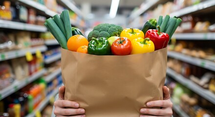 Close up Hand hold Fresh Healthy vegetable and fruit at brown paper bag. Grocery Shopping Healthy and diet food photo concept