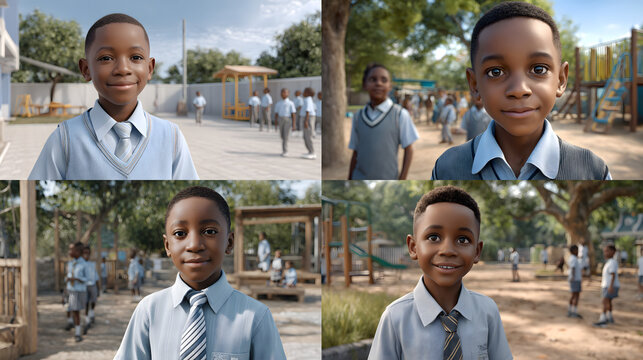 African boy in a school uniform standing on a playground with friends in the background, image set - Powered by Adobe