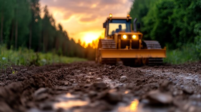 Bulldozer working on dirt road during sunset in forest clearing, preparing the land for construction or landscaping