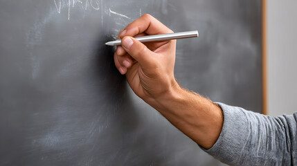 Close-up of a teenage boy’s hand writing with chalk on a dark gray chalkboard