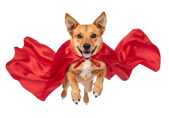 A playful, energetic dog in a bright red cape leaping as if flying isolated on white or transparent background. PNG format.