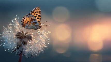 Natural pastel background. Morpho butterfly and dandelion. Seeds of a dandelion flower in drops of water on a background of sunset.