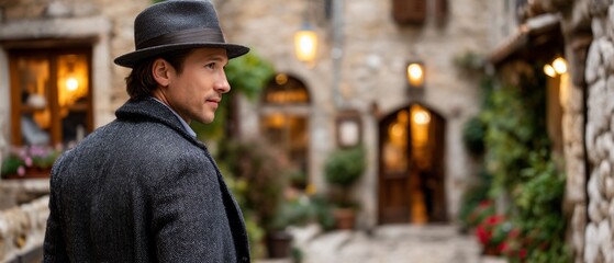 Naklejka premium Man in hat glances back amidst European street