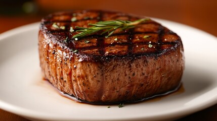 Grilled beef steak with sear marks and fresh herbs served on a white plate
