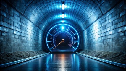 Futuristic Speedometer in a Neon-Lit Brick Tunnel A Vision of Progress and Velocity