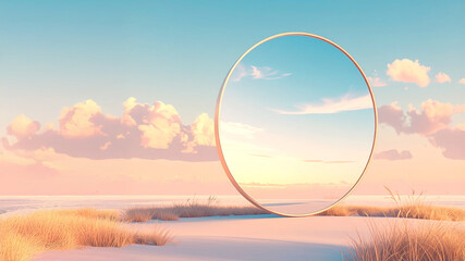 A large, round, golden-framed mirror stands upright in a serene, pastel-toned desert landscape with soft sand and sparse dry grass, reflecting a clear blue sky with fluffy clouds. Ideal for themes of 