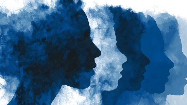 Silhouetted profiles in shades of blue merge together, suggesting a sense of unity while highlighting individuality. The soft, flowing lines create a serene visual effect, promoting reflection