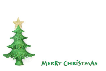 Merry Christmas green sparkling tree decoration design on white background. Festive traditional symbol for the holiday season.