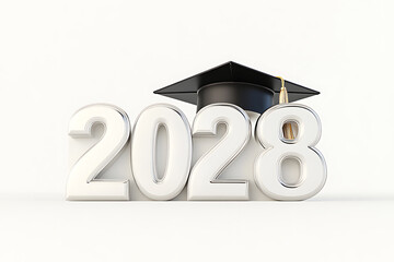 Graduation Year 2028: A black graduation cap with gold tassel rests atop the bold, reflective numerals of '2028', symbolizing future graduates.