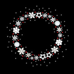 Abstract Xmas wreath white bauble, snowflake, star, sphere shape decorations, red holly berries on black. Festive Christmas holiday garland design.