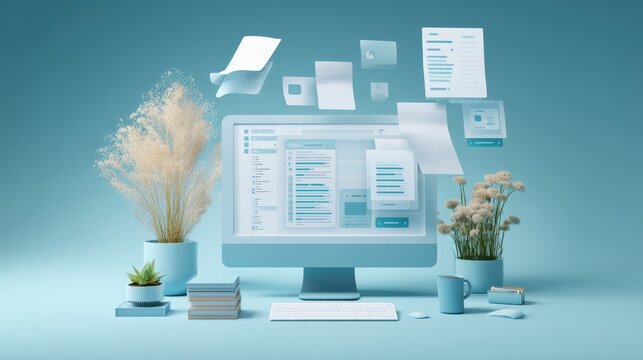 A minimalistic desk scene with a computer displaying a userfriendly text editing interface complemented by transparent floating sheets of paper highlighting the harmony between technology