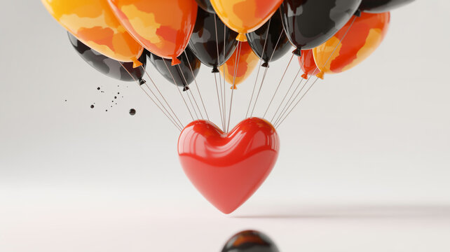 A digital art composition featuring a large red heart in the center surrounded by orange and black balloons
