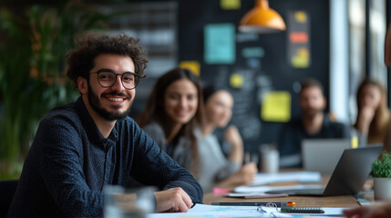 a diverse team discussing a project in a bright meeting room