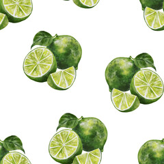 Seamless watercolor pattern with whole and sliced limes on a white background. Fresh and vibrant citrus design perfect for packaging, fabric, kitchen decor, and summer-themed projects.
