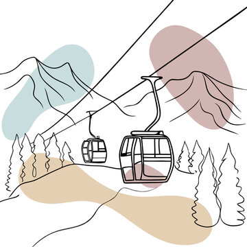Outline of ski gondolas traveling over mountains and trees  