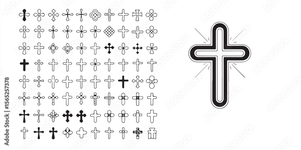 Poster collection of cross symbols in various designs and styles on a white background with one large cross