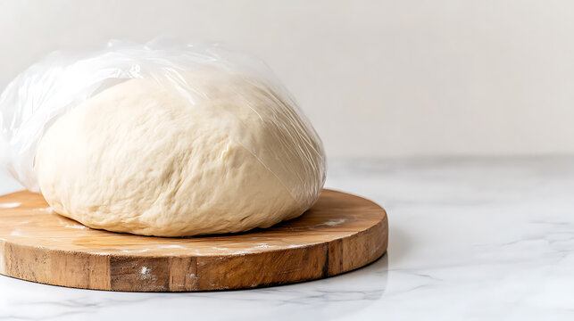 Dough resting, covered with plastic on wooden board. Marble surface. Ready for baking. Focus on texture and freshness. Delicious homemade treat! - Powered by Adobe