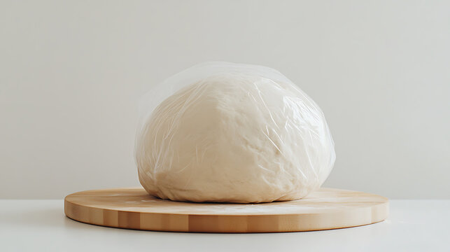 Ball of dough on a cutting board under plastic wrap, ready to rise. Preparation for baking, simple ingredients, waiting for the dough to proof.
