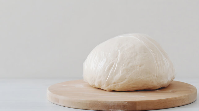 Dough resting, wrapped in plastic, on round wooden board. Neutral background for bread making or baking.  Food prep simplicity. Baking concept.