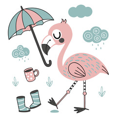 Playful Flamingo with holding a lollipop, set in a charming Rainy day theme – Raindrop Calm color vector art