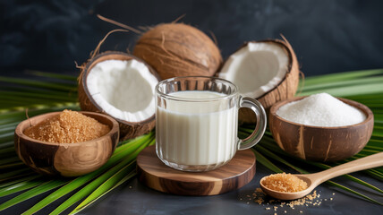 A professional food photography composition of various ingredients and products related to coconut and sugar