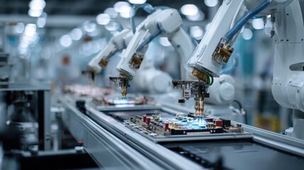 Obraz premium Robotic arms in action meticulously placing electronic components on a conveyor belt in a sleek manufacturing space demonstrating the precision and speed of automated assembly.