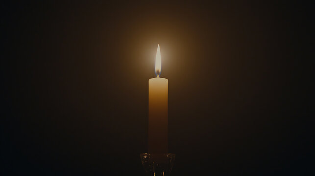 Candlelight: A single wax candle burns brightly, casting a warm glow in the dark, providing illumination and creating a cozy, intimate atmosphere.