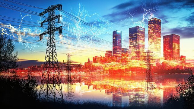 Powerful electrical energy surges through a city skyline.