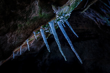 Icicles hanging from rocks in Broumov, Czech Republic, during winter