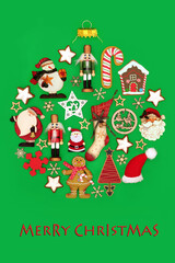 Christmas retro natural bauble shape decoration with old fashioned Xmas decorations on green with...