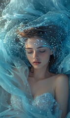 A beautiful woman on a sandy shore, blue waves covering her head like a shining pearl.