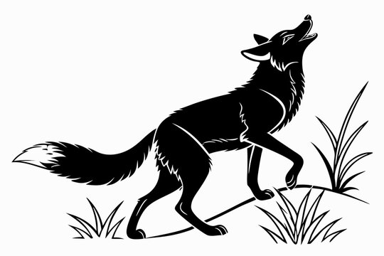 black fox howling silhouette on white clip art preview