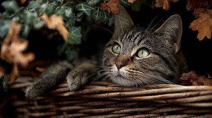 Tabby cat laying on the wicker basket under the autumn bush 