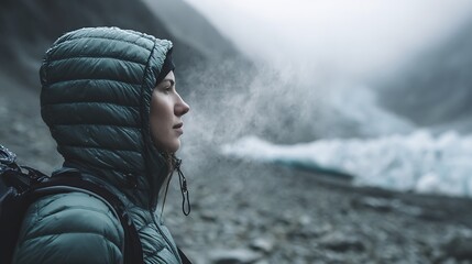 Hiker in Puffer Jacket with Hood, Breathing Cold Air in Mountainous Landscape