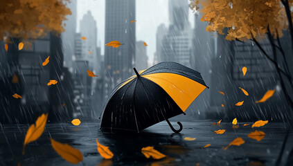 A black and yellow umbrella lying on the ground surrounded by leaves fallen in the autumn rain, with city buildings in the background.