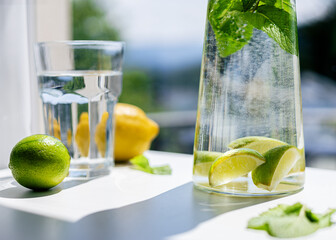 Homemade citrus refreshing summer lemonade drink with lemon, lime and mint in mason jars. Taste of summer.  Drinking in the heat
