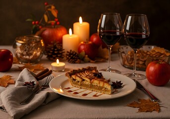 Elegant apple pie slice drizzled with cinnamon caramel, styled with candles, wine, and fall leaves for a cozy autumn evening setting.