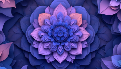Abstract layered paper art of 3d purple blue lotus mandala on decorative background
