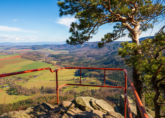 Red railing and pine tree on scenic viewpoint overlooking Broumov Walls mountain range in Czech...