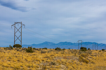 Power lines crossing dry landscape in Idaho, USA