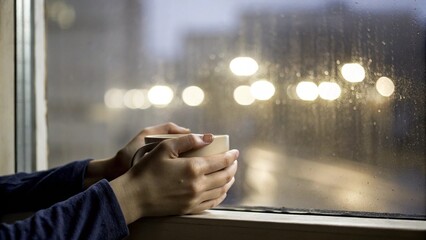 Hands holding hot coffee by rainy window with city lights in background.