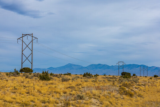 Power lines crossing dry landscape in Idaho, USA