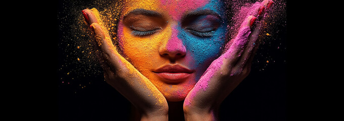Artistic portrait of a woman with colored powder applied to her skin and hands in dramatic lighting