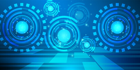 Futuristic Digital Interface Background – Abstract Blue Technology HUD Design with Glowing Circle Elements, Virtual Data Displays and High-Tech Geometric Patterns.