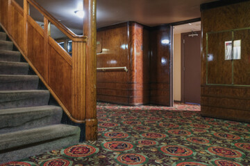 Opulent Art Deco interior architecture inside lobby, atrium or foyer on historic ocean liner style...