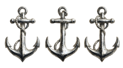 Three silver anchors in a row. Nautical, maritime, seafaring theme.