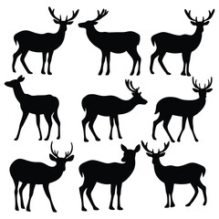Elegant reindeer silhouettes create a captivating pattern against a clean white backdrop, showcasing natural animal forms in simple black shapes.
