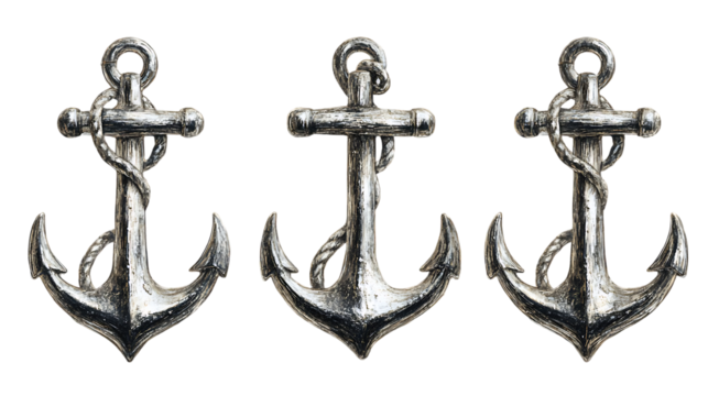 Three silver anchors in a row. Nautical, maritime, seafaring theme.