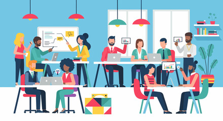 Diverse office team collaborating on laptops presenting charts and graphs.