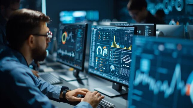 Team of Professional Computer Data Science Engineers Analyzing Complex Neural Networks, Statistical Charts, Infographics, and Real-Time Technical Data on High-Performance Desktops in a Workspace